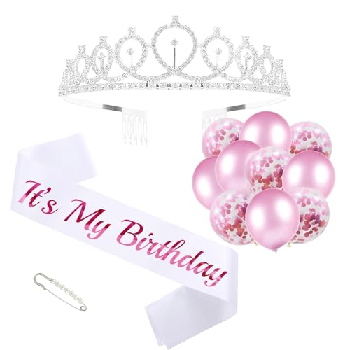 MSFLORAL Birthday Sash and Rhinestone Tiara Kit - Pink Letter White Sash, Balloons, Crystal Silver Crown for Girl Party Decorations and Gift Ideas