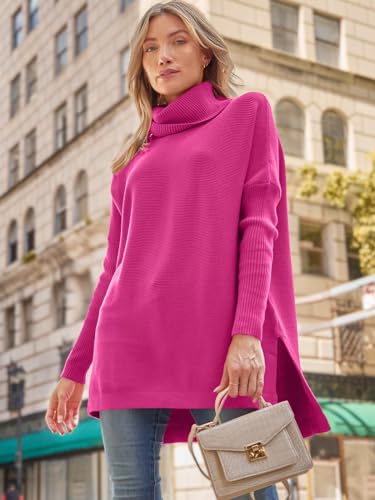 Image of LILLUSORY Women's Turtleneck Oversized Sweaters Long Batwing Sleeve Spilt Hem Tunic Pullover Knit Tops