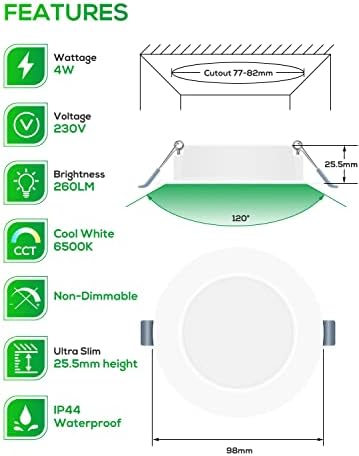 ALUSSO LIGHTING Spot Lights Ceiling 2.55mm Ultra Slim, 4W 260lm Led Downlights for Ceiling, Cool White 6500K Kitchen Lights Ceiling, IP44 Waterproof Bathroom Spotlights, Cutout Ø77-82mm, 6 Pack