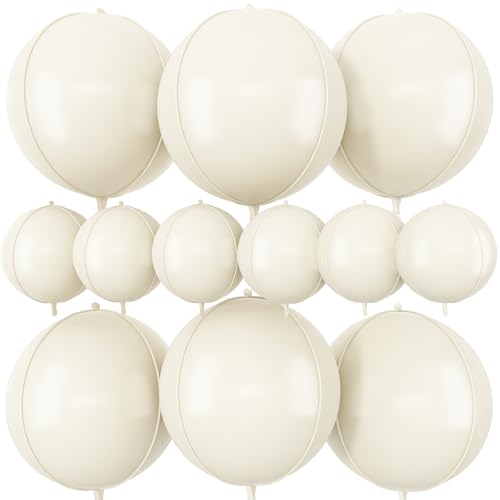 Image of 12 Pcs Cream White Round Foil Balloons Boho Birthday Prom Decor 22 inch 10 inch | Ivory Sand White 4D Helium Ball Balloons for Boho Wedding Anniversary Bridal Shower Gender Reveal Party Decorations