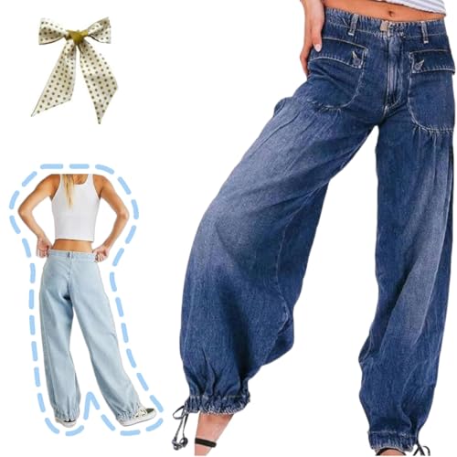 Lotus Tube Jeans Women,Tie Hem Barrel Ruffle Mid High Waist Jeans,Fitting Loose Balloon Wide Leg Jeans