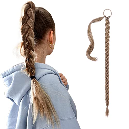 SEIKEA Long DIY Braided Ponytail Extension with Hair Tie Straight Wrap Around Hair Extensions Ponytail Natural Soft Synthetic Hair Piece Dark Blonde 20 Inch (After Braided 16 Inch)