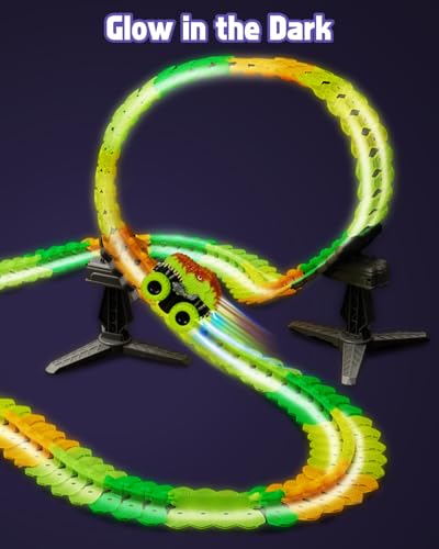 Magic Car Track Set, 154PCS Glow Race Track, Flexible Race Car Tracks, Dinosaur Train Set Glow in The Dark, Race Tracks for Kids Ages 3-8, Toddlers Birthday Gifts, for Kids - Thumbnail 2