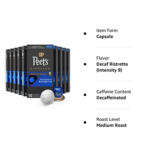 Peet's Coffee, Dark Roast Decaf Espresso Coffee Pods Compatible With Nespresso Original Machine, Decaf Ristretto Intensity 9, 100 Count (10 Boxes Of 10 Espresso Capsules) #TOP5