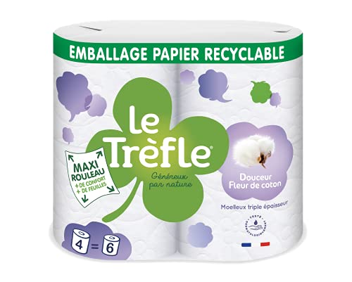 Le Trèfle® Douceur 棉花花 - 卫生纸 - 4 个大卷 = 6 个经典卷 - 含棉提取物的乳液 - 可回收纸包装 - 混合 FSC® 认证纸