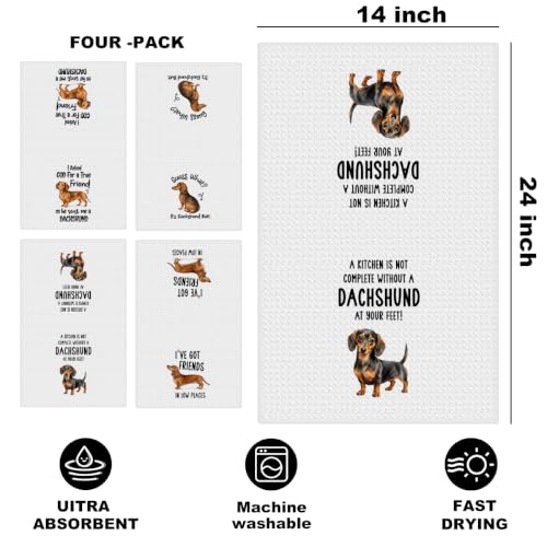 Image of 4 Pcs Funny Dachshund Kitchen Towels, Dachshund Gifts Reusable Dish Towels1