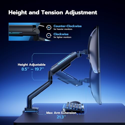 Ares Wing Heavy Duty Monitor Arm for 49\'\' & 44 Lbs Ultrawide Monitor, Compatible with Samsung Odyssey G9 and LG Monitor, RGB Monitor Desk Arm, Adjustable Gas Spring Single Monitor Mount, Black - Thumbnail 4