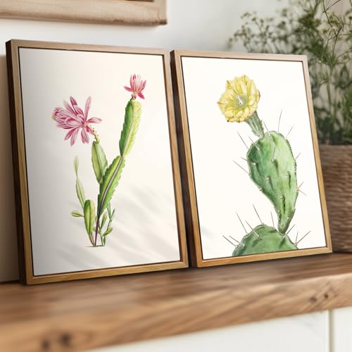 crmotu Botanical Framed Wall Art, Cactus Floral Canvas Prints, Yellow Flower Nature Wall Decor, Tropical Plant Watercolor Paintings, Rustic Farmhouse Kitchen Home Office Desktop Decor, 9x11inch