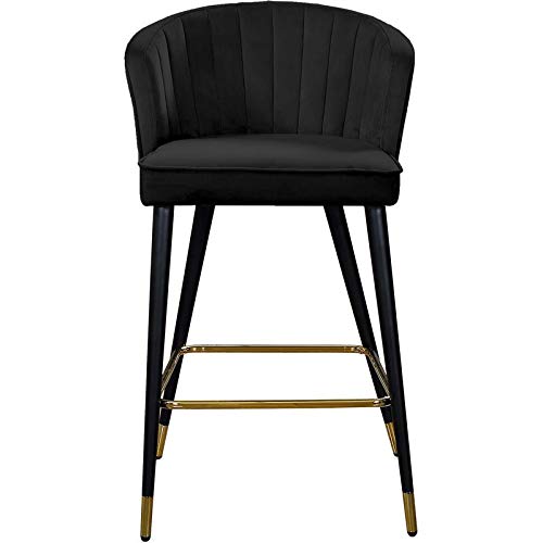Meridian Furniture Cassie Collection Modern | Contemporary Velvet Upholstered Counter Height Stool With Channel Tufting And Gold Tipped, Black Metal Legs, Black, 20" W X 21" D X 36.5" H #TOP3