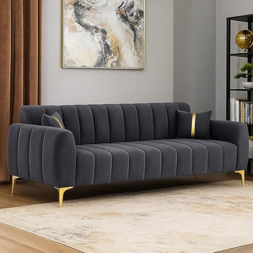 Image of FURNY Harmony 3 Seater Velvet Fabric Sofa Set (Dark Grey) with Golden Finish Legs & Premium Velvet Finish | Durable & Comfortable | Ideal for Living Room