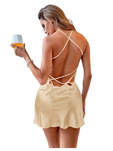Image of RoseSeek Women's Spaghetti Strap Silk Nightgown Sexy Satin Mini Slip Dress | Backless, Criss Cross, Lace, Sleep Dress, Nightdress, Mini Slip Dress, Sexy Chemise Lingerie Sets