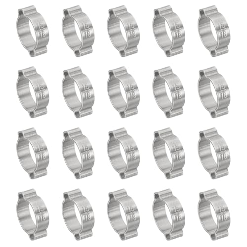 Image of PATIKIL 20 Pack 15-18mm Double Ear Hose Clamp, 304 Stainless Steel O Clip Crimp Rings for Fuel Petrol Pipe Tube Fitting Connections, Silver Tone