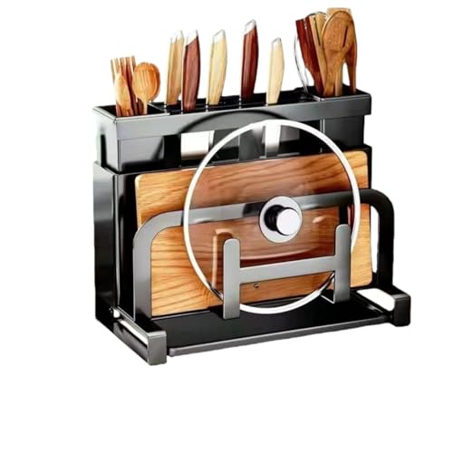 Holowa まな板スタンド 包丁スタンド 一体型ナイフホルダー 壁掛け 包丁立て 鍋蓋スタンド 箸立て 多機能収納 ラック 水切りトレイ付 防錆 まな板立て 包丁ケース ナイフラック ナイフの水切りと保管 キッチン用 (ブラックダブルカップ(デスクトップ