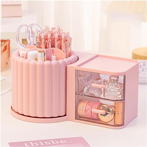 STORICANS Makeup Organizer Countertop,360 Rotating Makeup Brush Holder With 2 Drawers,Small Preppy Organizer |9.25x5.11inch|Pink