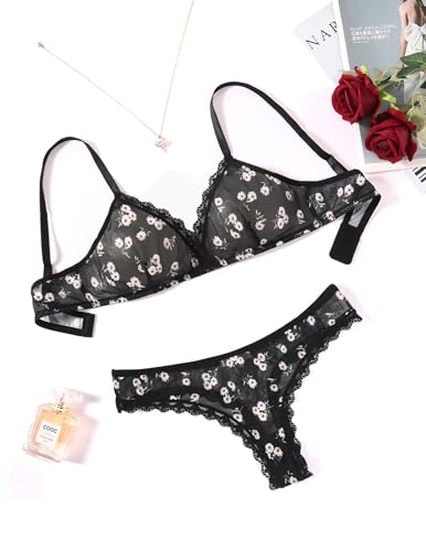 Image of Avidlove Wireless Lace Lingerie Set Floral Print Bra and Panty Sets 2 Piece