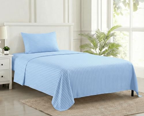 Image of Trance Home Linen 100% Cotton 200 TC Satin Stripe Single Bedsheet with Pillow Cover | Fade-Resistant, Soft & Hypoallergenic |Flat Bedspread for Single Mattress - (54 x 90 inch, Sky Blue)
