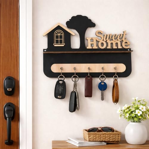 Image of CraftVatika Key Hangers for Wall with Shelf Key Holder, Wall Mounted Decoration Key Chain Stand Wood Keys Organizer 6 Stainless Steel Hook Decorative Items for Living Room Home Decor, Wall Decor