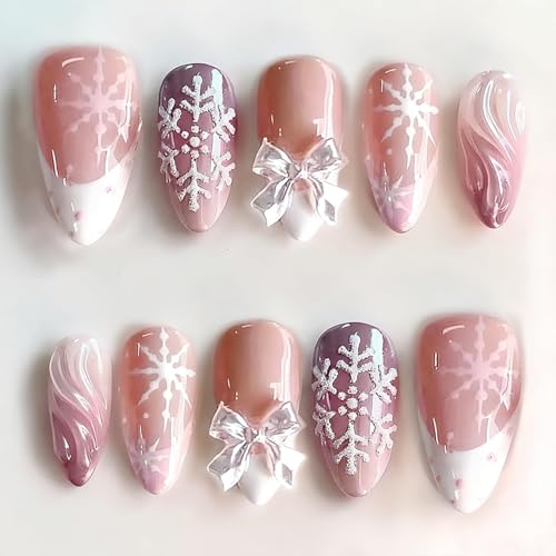 24Pcs Christmas Press on Nails Short Almond Snowflake Fake Nails White French Tip Nails Press ons with 3D Bow Charm Designs Glossy Pink Acrylic Nail Winter Holiday Glue on Nail for Women Nail Decor