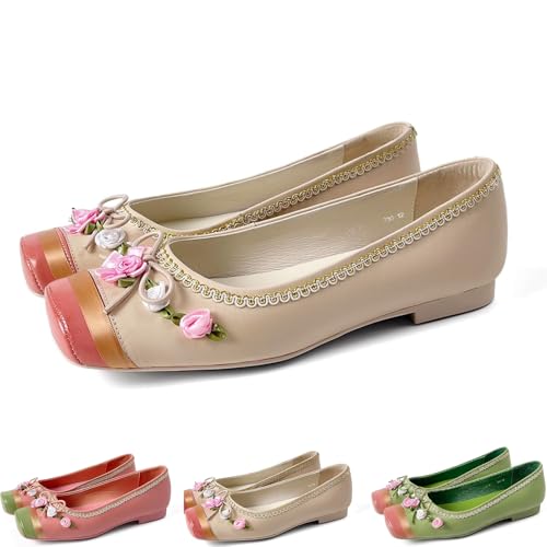 Women's Flower Bowknot Ballet Flats Leather Square Toe Colorblock Embroidered Slip On Ballerina Elegant Wedding Office Flat