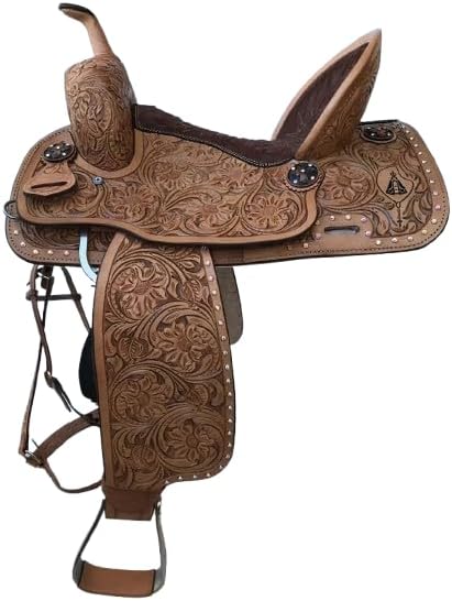 Humayl Saddlery Western Barrel Racing Wooden Tree Horse Saddles Handmade Premium Leather Comfort Horses Trail Equestrian Tooled Carved Horse Saddle Riding Size: 10-18 inch MOQ06