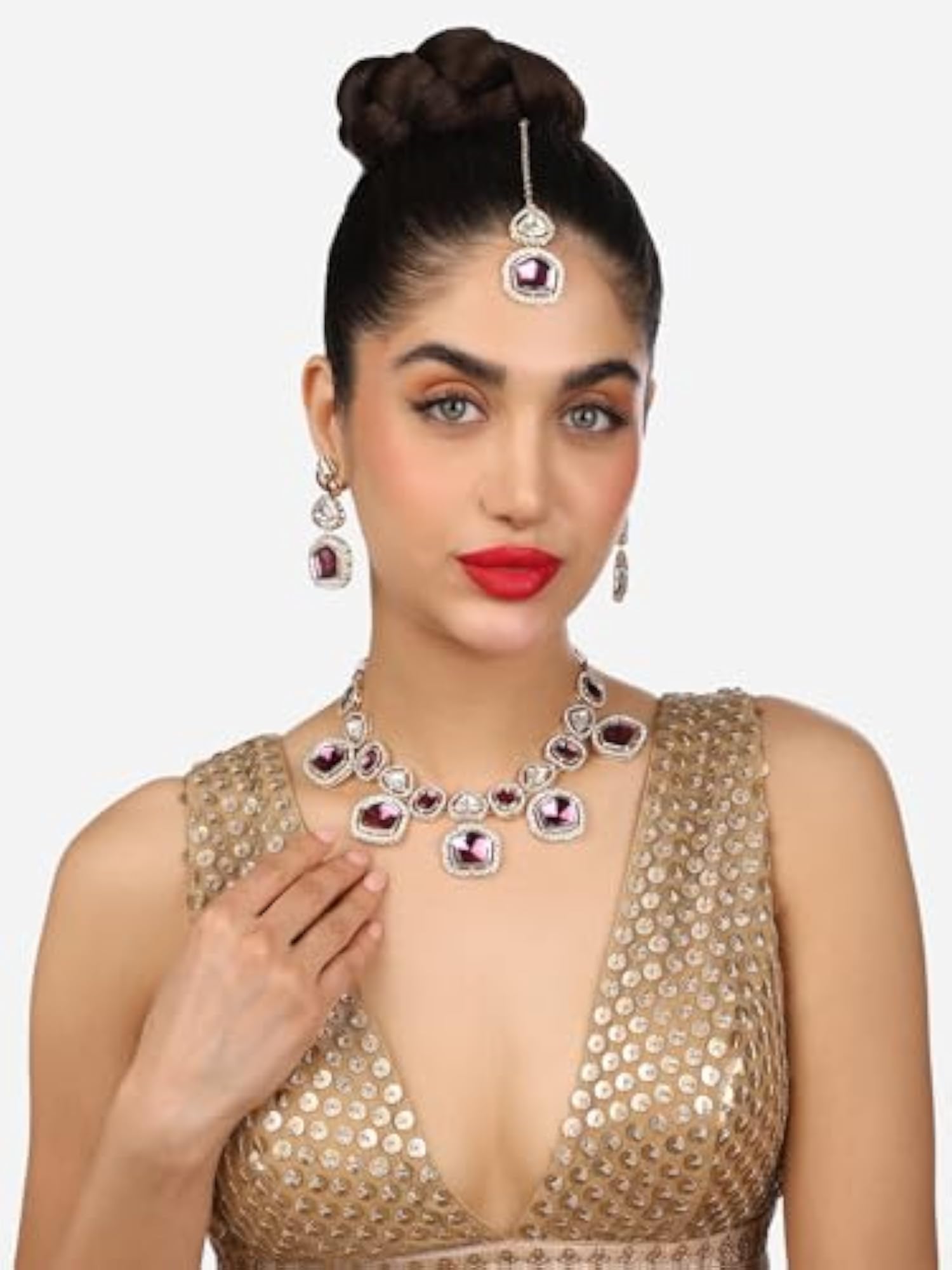 Women's Dazzling Austrian Diamonds Necklace Earring & Maangtikka Set