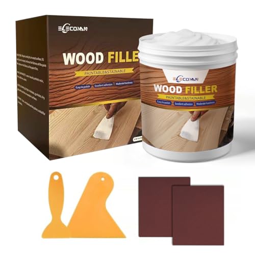 Elecoman Wood Filler, Stainable & Paintable Wood Putty, Water-Resistant Exterior/Interior Furniture Wood Scratch Cracks Holes Repair Kit, Quick-Dry — White, 16 oz