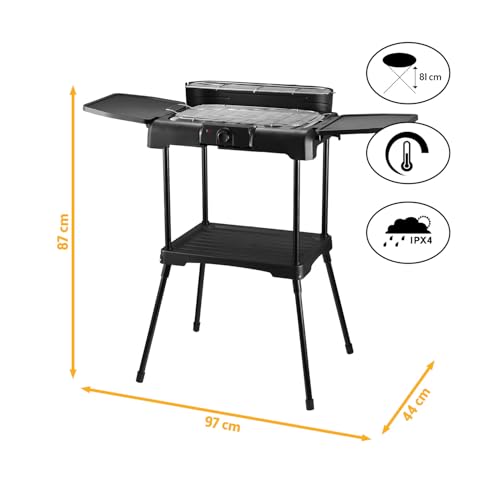 TZS First Austria - Elektro Standgrill 2200W - 2-in-1 Tischgrill mit Windschutz - Stufenloser Hitzeregler - Rauchfreies Grillen mit 2 Seitentischen - Balkon & Tischgrill - Schwarz 2