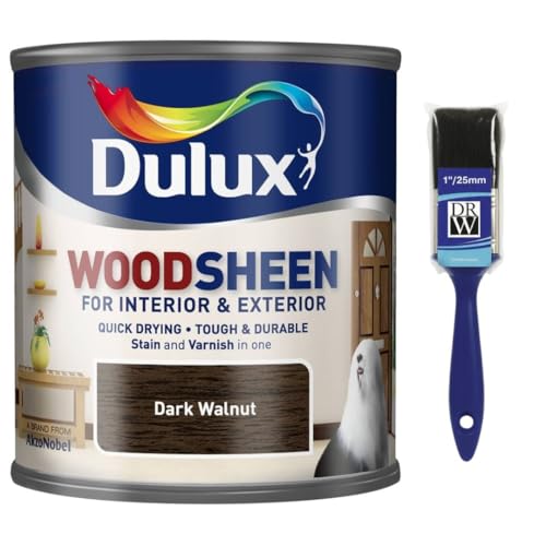 Image of Woodsheen Stain and Varnish 250ml Dark Walnut +1" Brush | Interior Wood Stain and Varnish | Satin Finish for Doors Skirting Furniture and Trim | Quick Dry Wood Protection