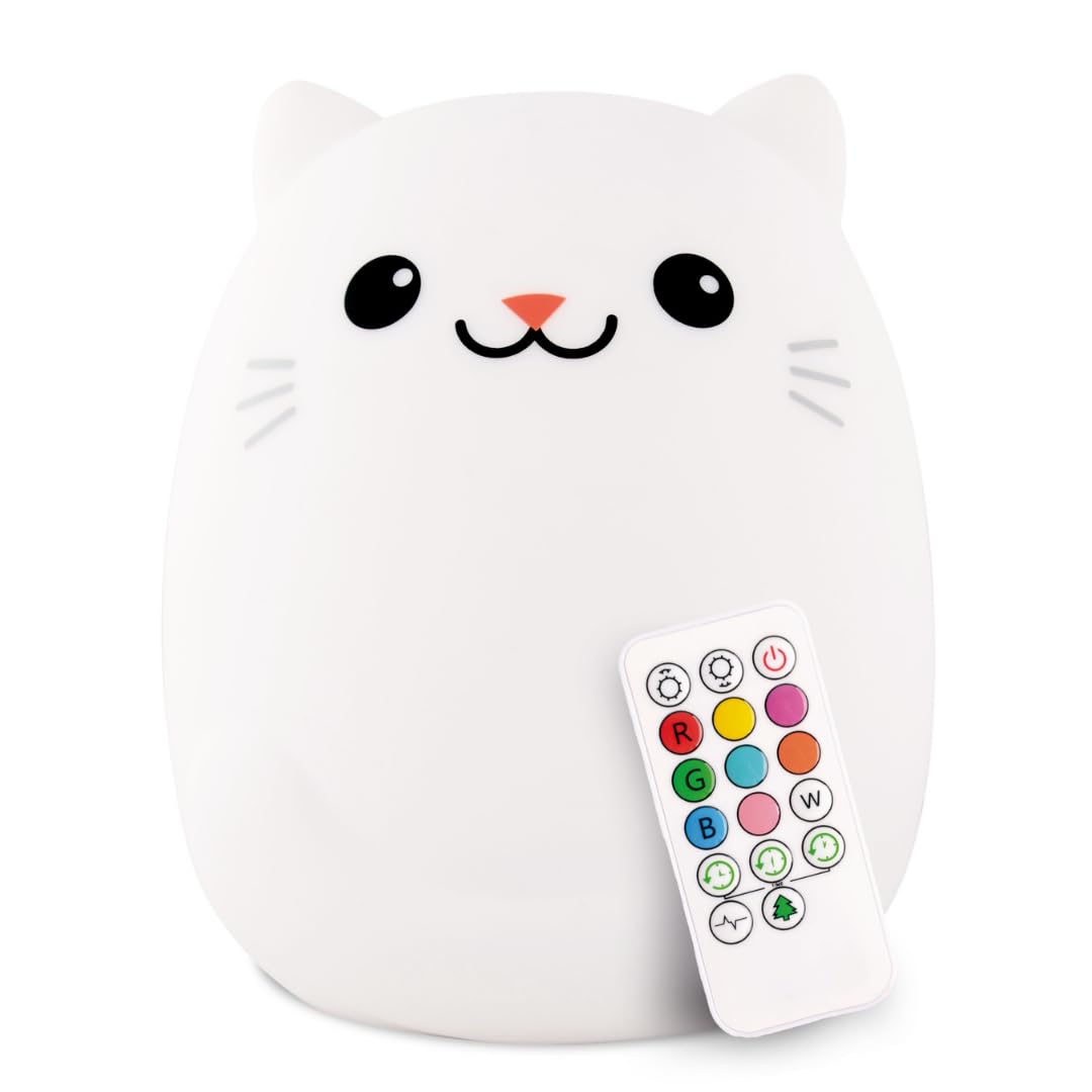 Lumipets Clive The Cat Squishy Silicone Night Light for Kids | Cute Night Light with Remote & Touch Control for Baby & Toddler Bedrooms | Color Changing Portable Animal Nightlight | Kids Mood Lamp