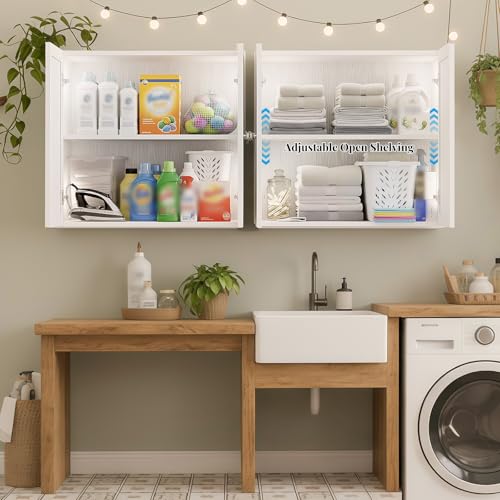 Image of Laundry Room Cabinets with Lights, 24INCH Bathroom Cabinets Wall Mounted with Adjustable Shelves, Rattan Wall Cabinet for Bedroom, Kitchen, Bathroom (2PCS, White)
