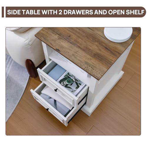 Image of ALBAD Farmhouse Nightstands with Charging Station,White & Wood Tabletop | End Tables with 2 Drawers, Open Shelf, USB Ports, Metal Knobs, for Rustic Bedroom Bedside, Living Room, Dorm