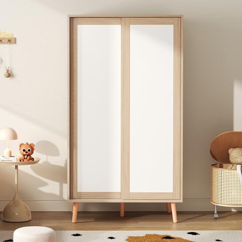 Mielvu Kinderkleiderschrank, Schiebetürenschrank mit Kleiderstange, Spanplattenmaterial, Vollholz-Standfüße, weiß+natürliches Holz, 80×46×141,5cm