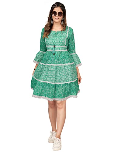 Image of Vbuyz Women's Cotton Print & Lace Work Flared Stitched Dress