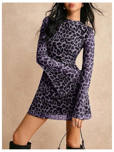 Image of BEAUDRM Women's Y2k Leopard Print Sheer Mesh Mini Dress Bell Long Sleeve Short Dresses