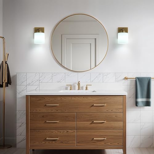 Image of Mecgirn Brass Milk Glass Wall Sconces, 1 Pack Hardwired Indoor Wall Light Fixtures for Living Room, Hallway, Bedroom, Ceramic E26 Sockets (Bulbs Not Included)