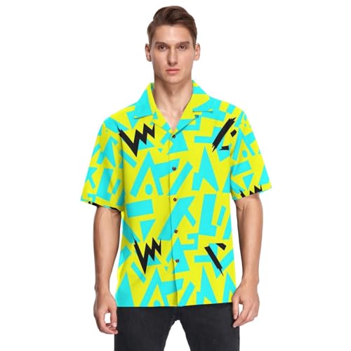 Chemise hawaïenne homme manches courtes motif abstrait jaune style vintage