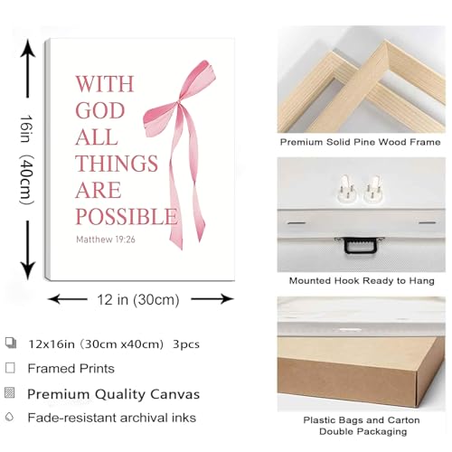 Coquette Pink Bow Canvas Wall Art Set of 3, Inspirational Bible Verses Decor Posters Pictures Prints Aesthetic for Girls Room College Apartment Living Room Bedroom Framed 12x16 Inch by JBZDD - Used condition - Image 3