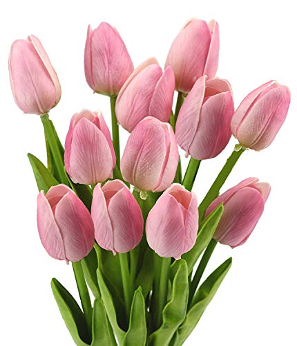 StillCool Artificial Flowers Tulip 12pc/set Pu Stunning Holland Mini Tulip Real Touch Wedding Flower Artificial Flowers Latex Plants for Party Home Hotel Event Christmas Gift Decoration (Light Pink)