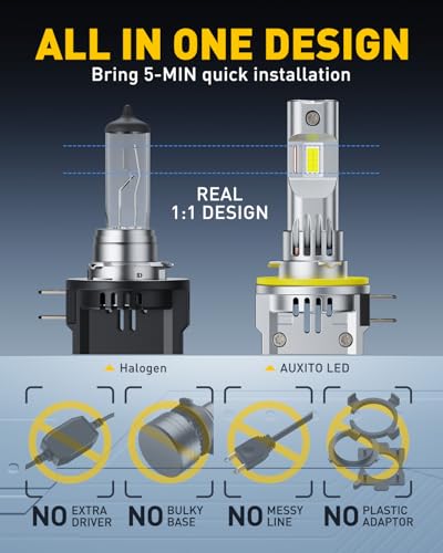 Image of AUXITO H11B Bulbs, 1400% Brightness, 6500K Ultra White, 1:1 Mini Design, Anti-Flicker H8B /H9B Light, 3MIN Plug N Play, 60000Hr+ Long Lifespan, 99% Vehicles Supported, Pack of 2