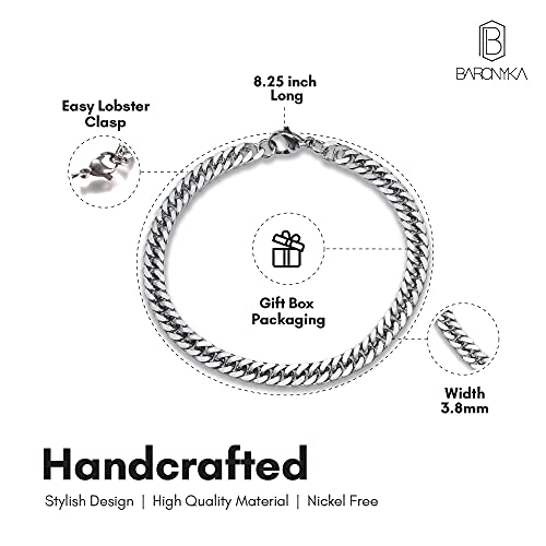 Baronyka Handmade Chain Bracelet, Silver Cuban Link, Stainless Steel, 8.25 Inch With Lobster Claw Clasp #TOP2