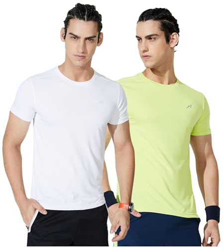 Image of Amazon Brand - Symbol Men's Active Regular Fit Sports T-Shirt (White + Neon M) (Combo Pack of 2)