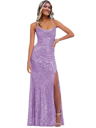 Image of Stylefun Women's Halter Mermaid Prom Dresses with Slit Long Sequin Formal Cocktail Party Dress STN027
