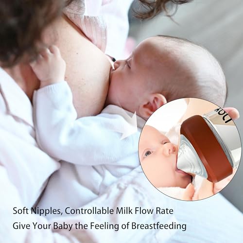 Image of yanyoyo Natural Glass Baby Bottle for Breastfeeding Babies, 5.4oz Anti-Colic Baby Bottle with Natural Response Nipple(S), Clear, Wide Neck, 4 Pack, 1 Months+