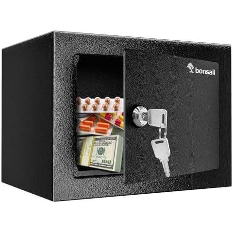 Bonsaii Safe Box with Key Lock, Steel Construction Money Safe Box, 0.22 Cubic Feet Small Hidden Safe Box for Home, Security Cabinet Safe Lock Box with Keys for Cash Jewelry, 6.69 x 9.06 x 6.69 Inches Cover
