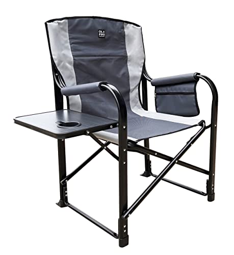 OLPRO Silla de director de lujo, color gris, silla plegable resistente para camping o jardín con mesa, soporte para bebidas y bolsa organizadora, asiento portátil al aire libre, soporta 120 kg