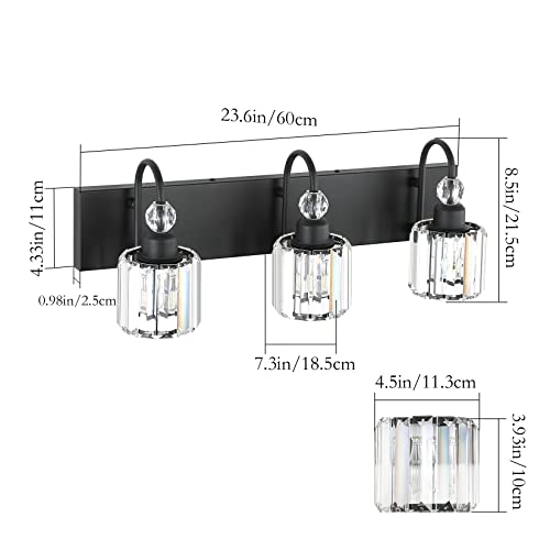 Image of Ralbay Modern Crystal Vanity Light 3-Lights Modern Crystal Vanity Lights for Bathroom Matte Black Crystal Bath Wall Light Fixtures Modern Black Crystal Bathroom Light Fixtures