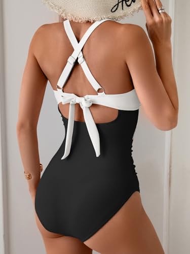 Image of B2prity Women's One Piece Swimsuit Tummy Control High Waisted Bathing Suit | Color Block,Removable Soft Cups,Cutout,V neck,Full Coverage,Adjustable Criss Cross Straps,Tie Back