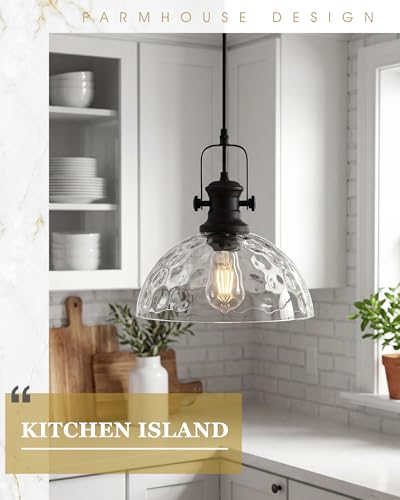 Image of 10.5 inch Black Pendant Light for Kitchen Island, Hammered Glass Shade | Farmhouse Vintage Hanging Light Fixture for Dining Room Entryway, Adjustable Cord, E26 Base, AD-22151-1PL-BK-H