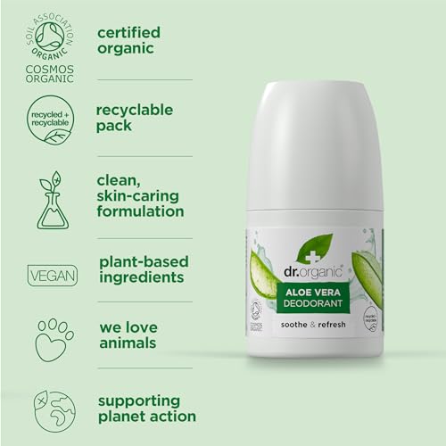 Dr Organic Aloe Vera Deodorant, Aluminium Free, Mens, Womens, Natural, Vegan, Cruelty-Free, Paraben & SLS-Free, Recycled & Recyclable, Organic, 50ml, Packaging may vary