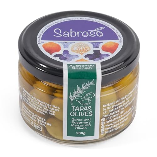 Sabroso Foods Garlic & Rosemary Manzanilla Olives, 280g – Marinated Green Olives in Olive Brine, Bold Flavour, Snack or Garnish for Pasta, Pizza, Platters & Mediterranean Recipes